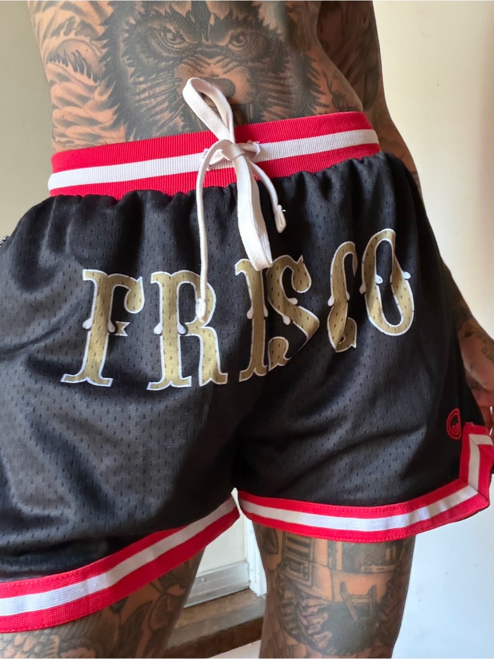 Black 'FRISCO' Athletic Mesh Shorts with Red & White Trim